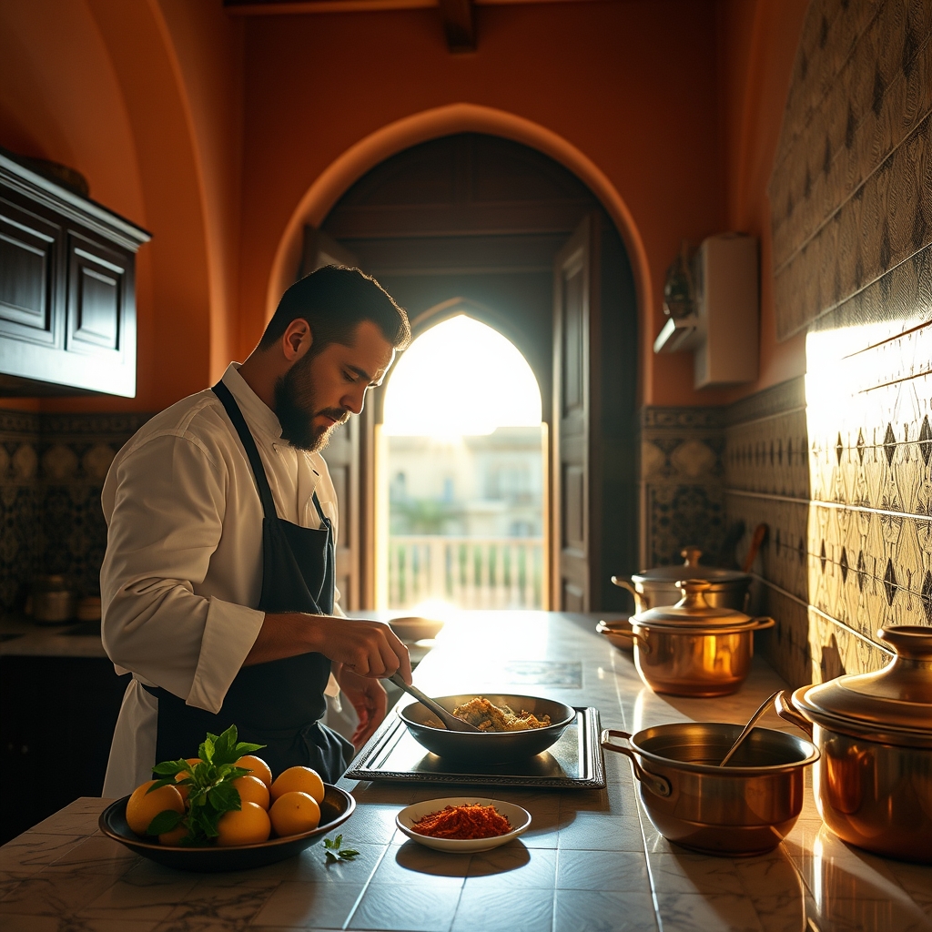 Cuisine de villa marrakchie avec ingrédients sur le plan de marbre, lumière dorée par une fenêtre en arc, ambiance d'un chef privé en préparation