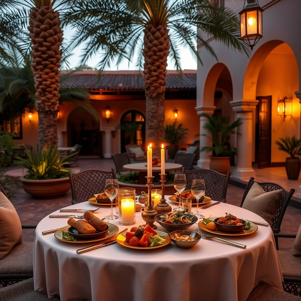 Table d'hôtes dressée en patio de villa marrakchie le soir, tajines, salades, lanternes allumées, ambiance feutrée