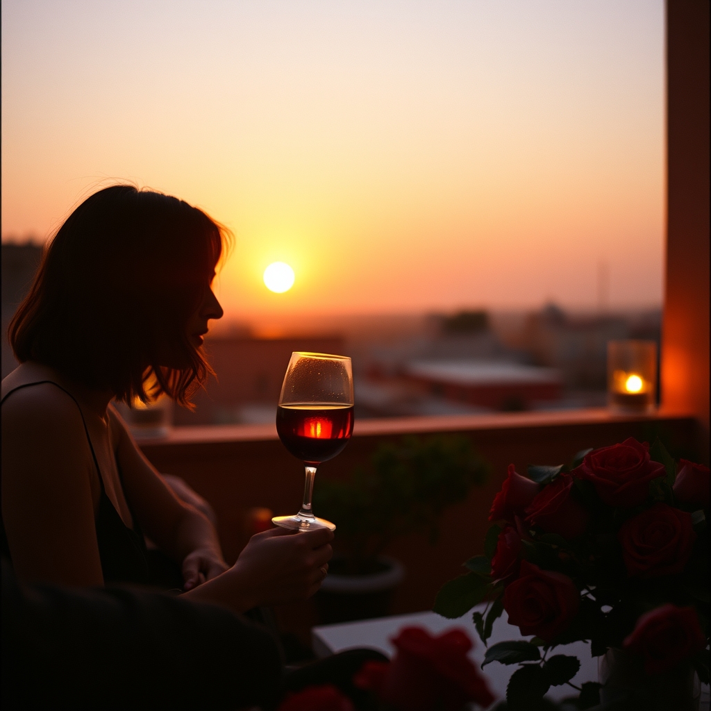 Couple sunset terrace Marrakech wine roses intimate