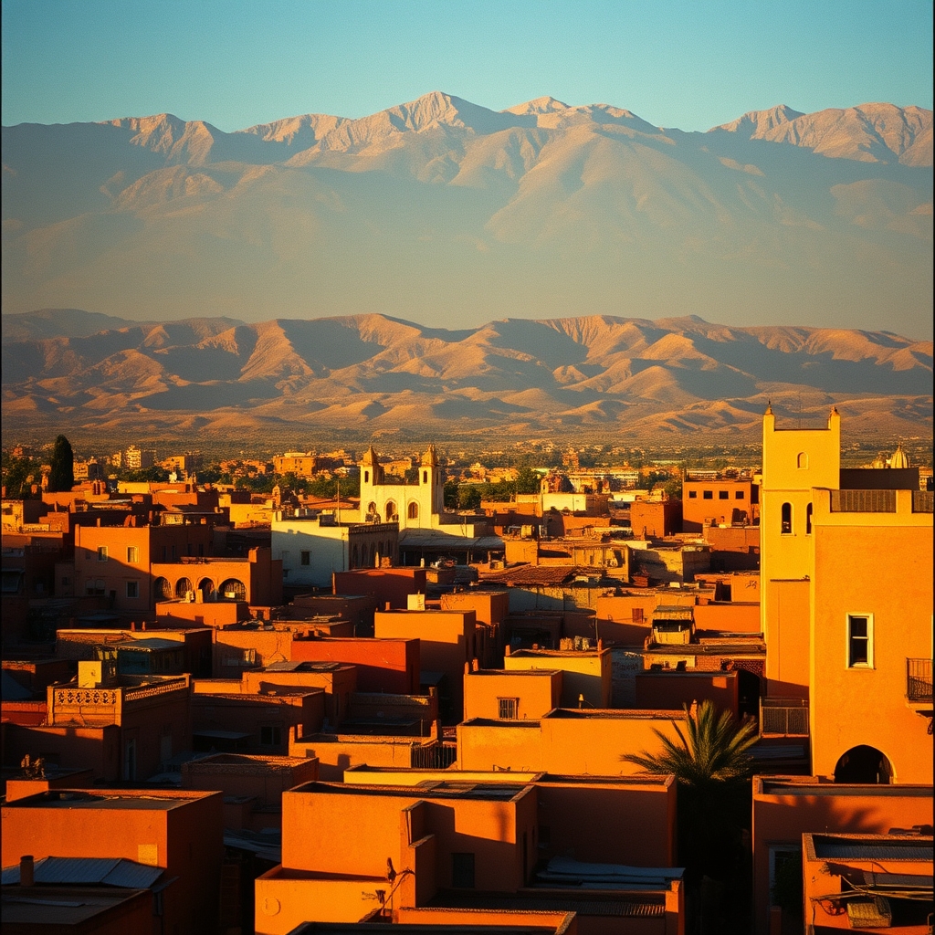 Marrakech medina aerial Atlas mountains horizon golden