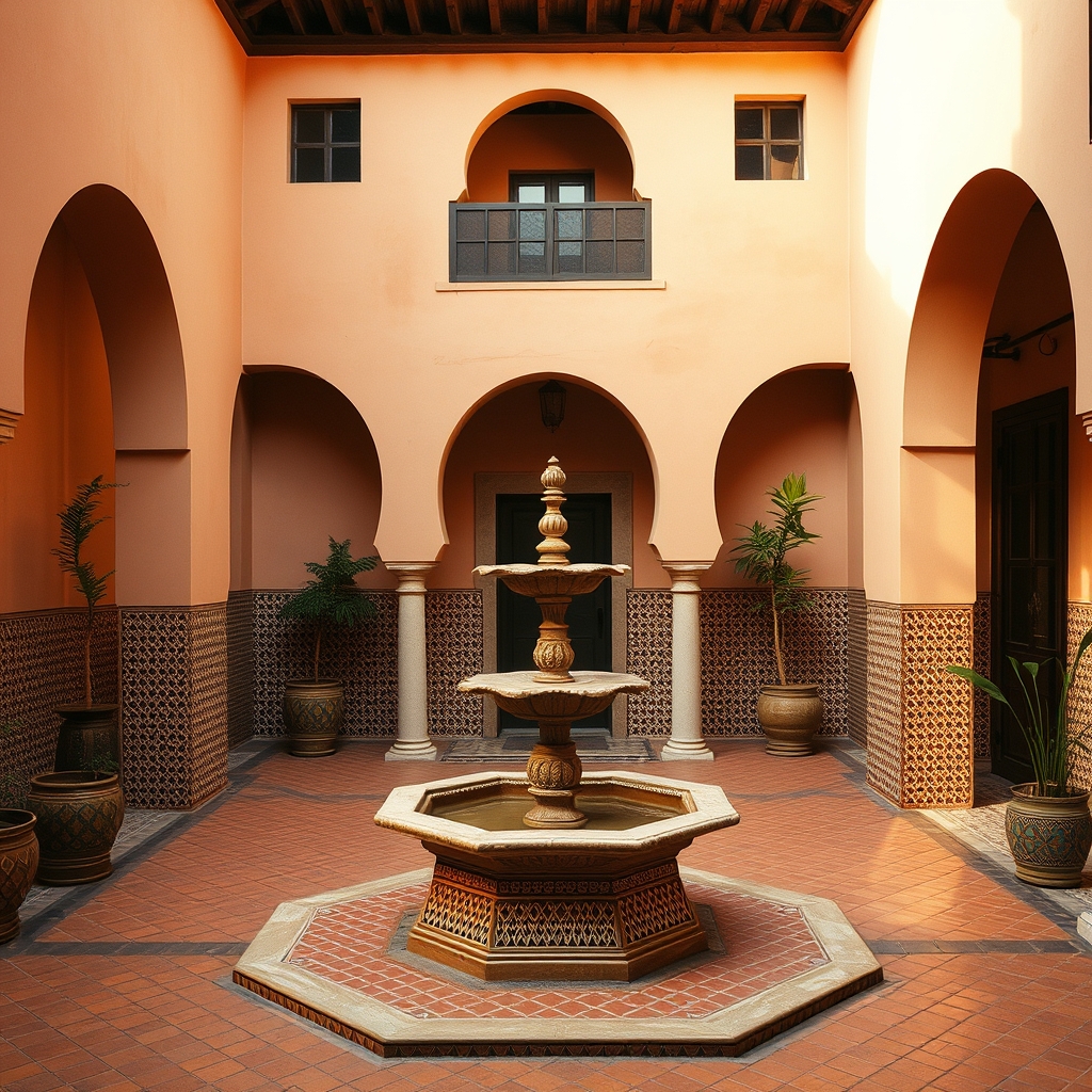 Marrakech riad courtyard traditional fountain zellige tiles