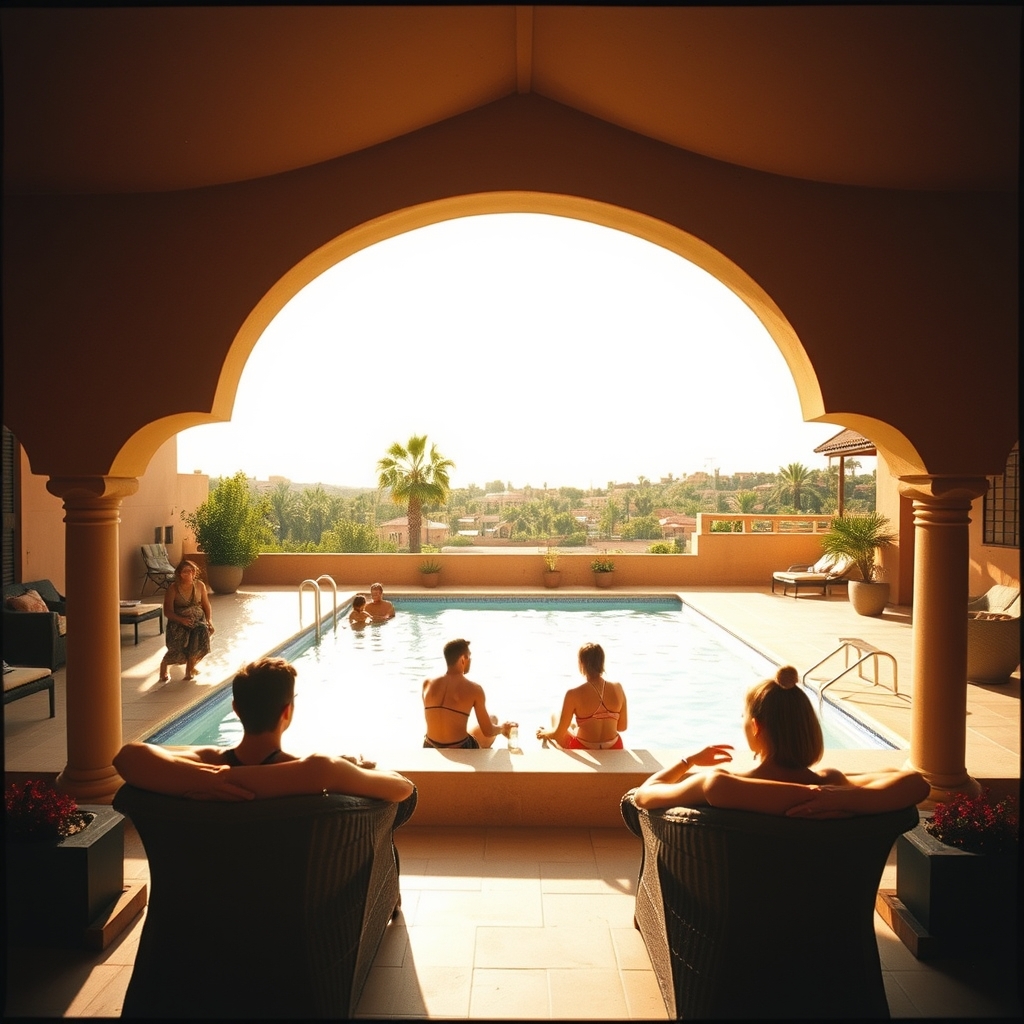 Marrakech summer pool villa shaded terrace hot