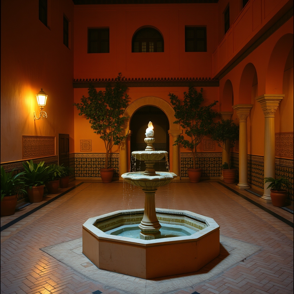 Marrakech medina riad courtyard fountain traditional tilework