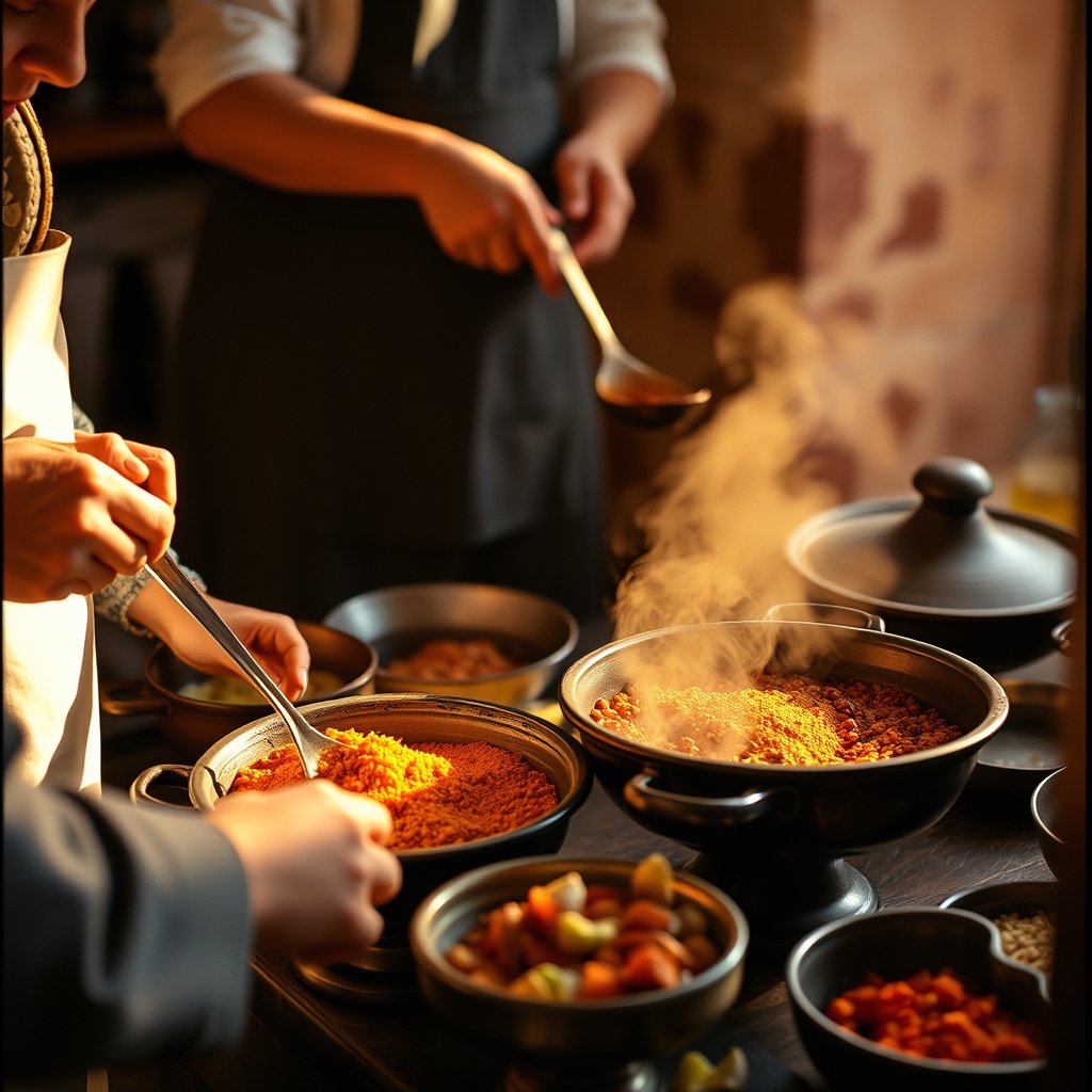 Mains préparant des épices et un tagine marocain lors d'un atelier de cuisine coloré
