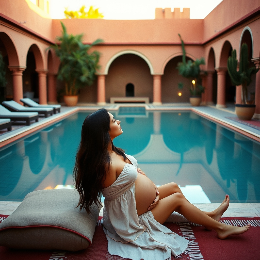 Pregnant woman relaxing riad pool Marrakech serenity