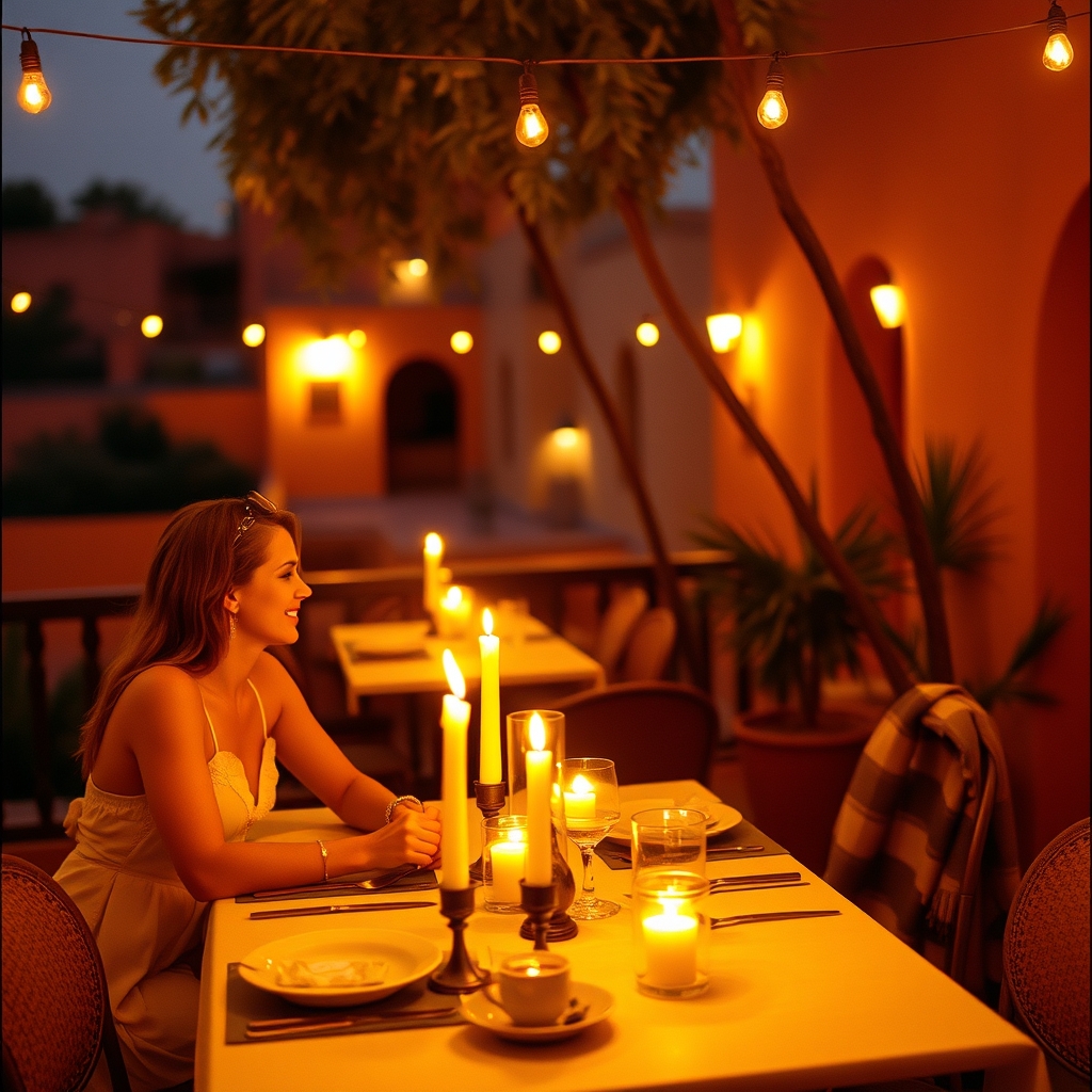 Anniversary couple Marrakech dinner terrace candles gold