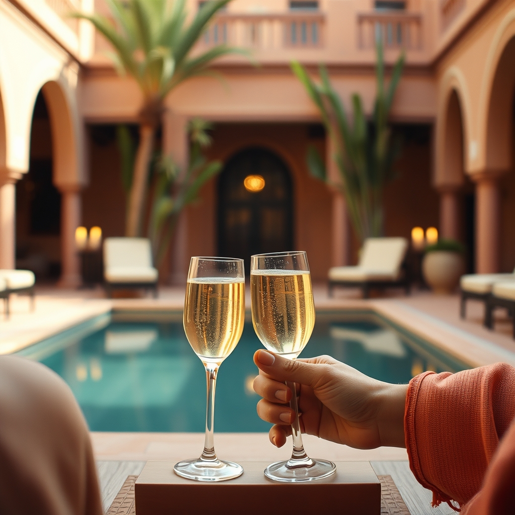 Champagne flutes riad pool Marrakech luxurious setting