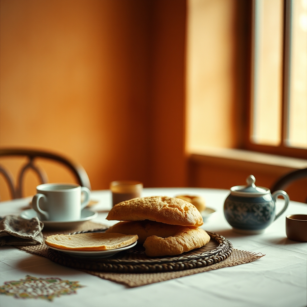 Moroccan breakfast msemmen bread honey coffee elegant