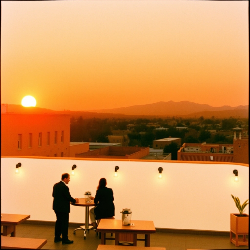 Marrakech rooftop bar sunset Atlas mountains skyline