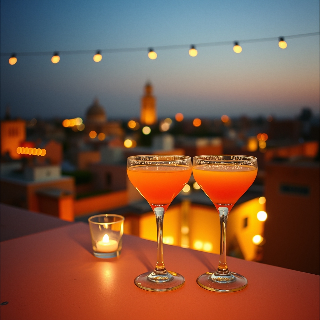 Cocktail glasses rooftop evening lights Marrakech medina view