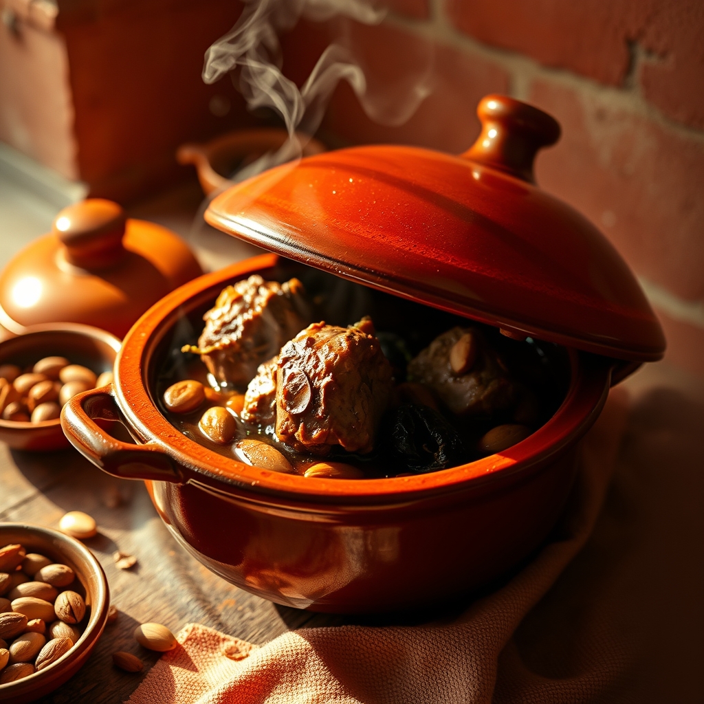 Moroccan tagine clay pot lamb prunes almonds