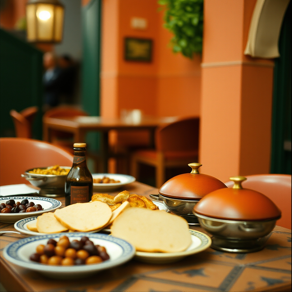 Marrakech restaurant table traditional meal olives bread