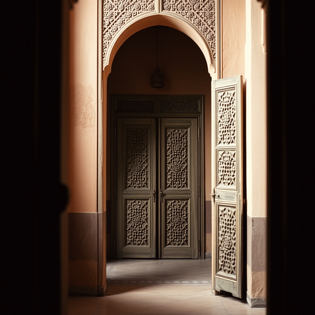 Marrakech palace interior carved cedar doors ancient