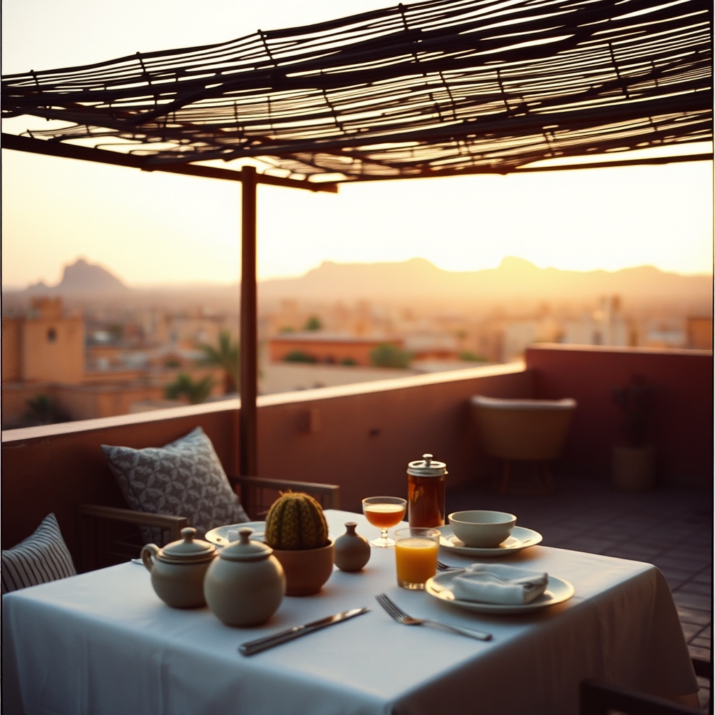 Riad rooftop terrace Atlas view sunset breakfast