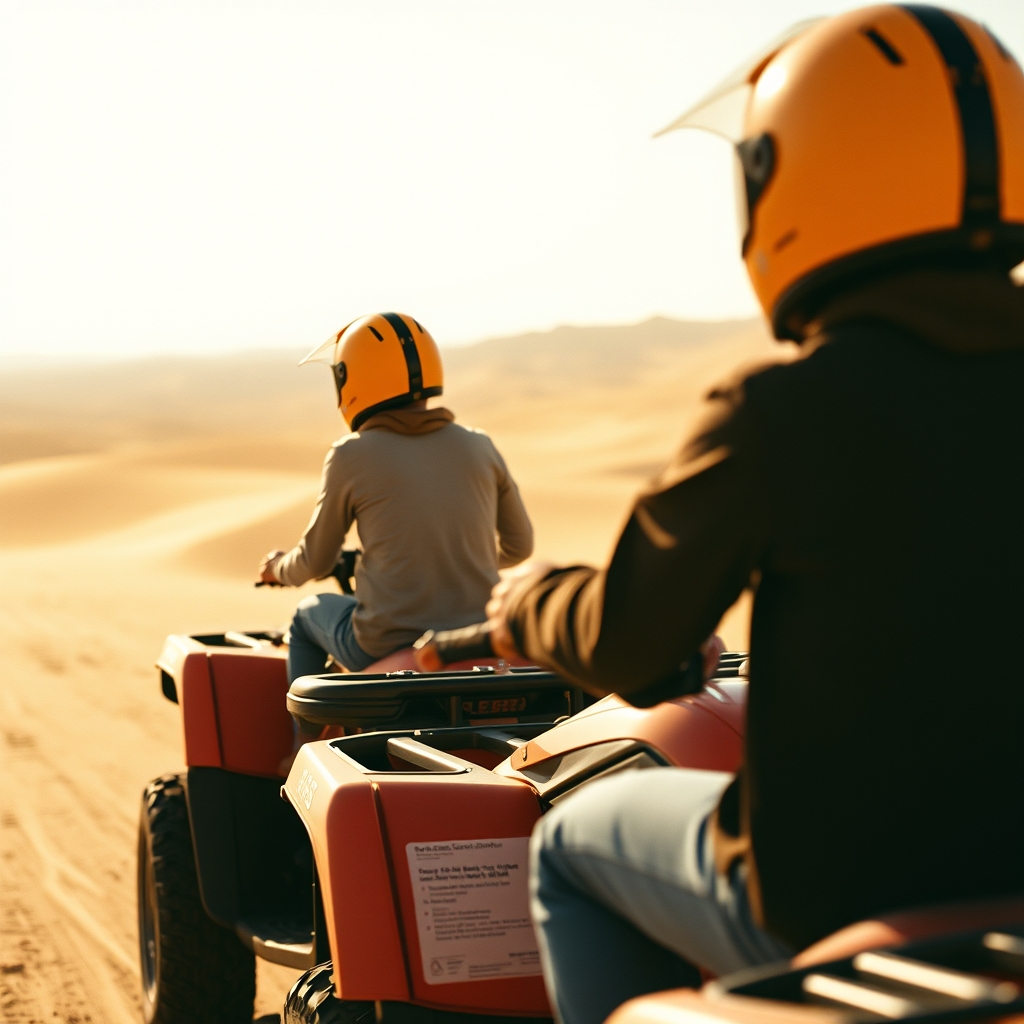 Quad helmet riders desert landscape vast horizon