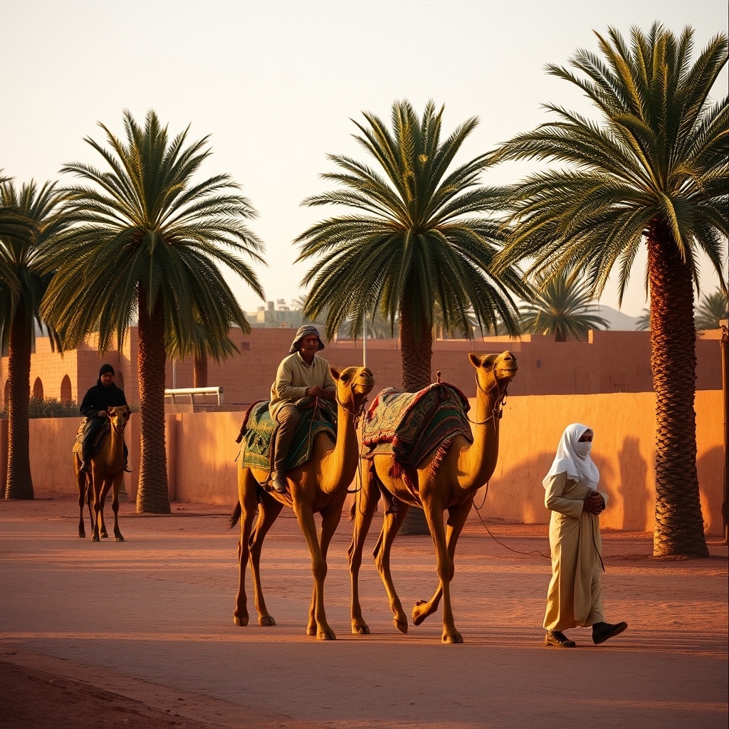 Camel caravan Palmeraie Marrakech palm trees Berber