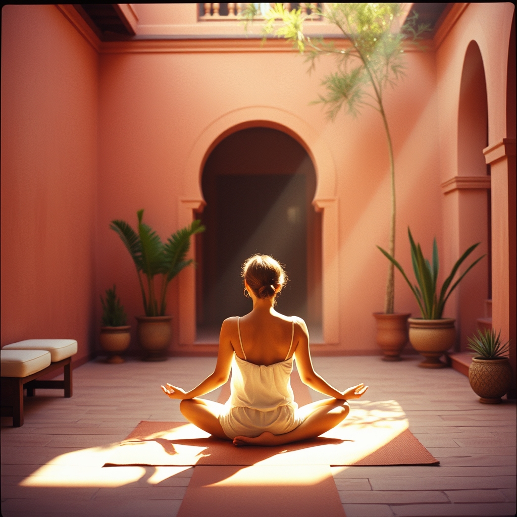 Yoga meditation practitioner riad courtyard peaceful morning