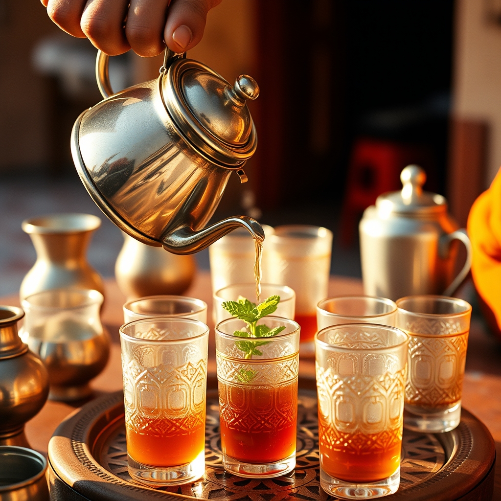Moroccan mint tea pouring silver teapot traditional