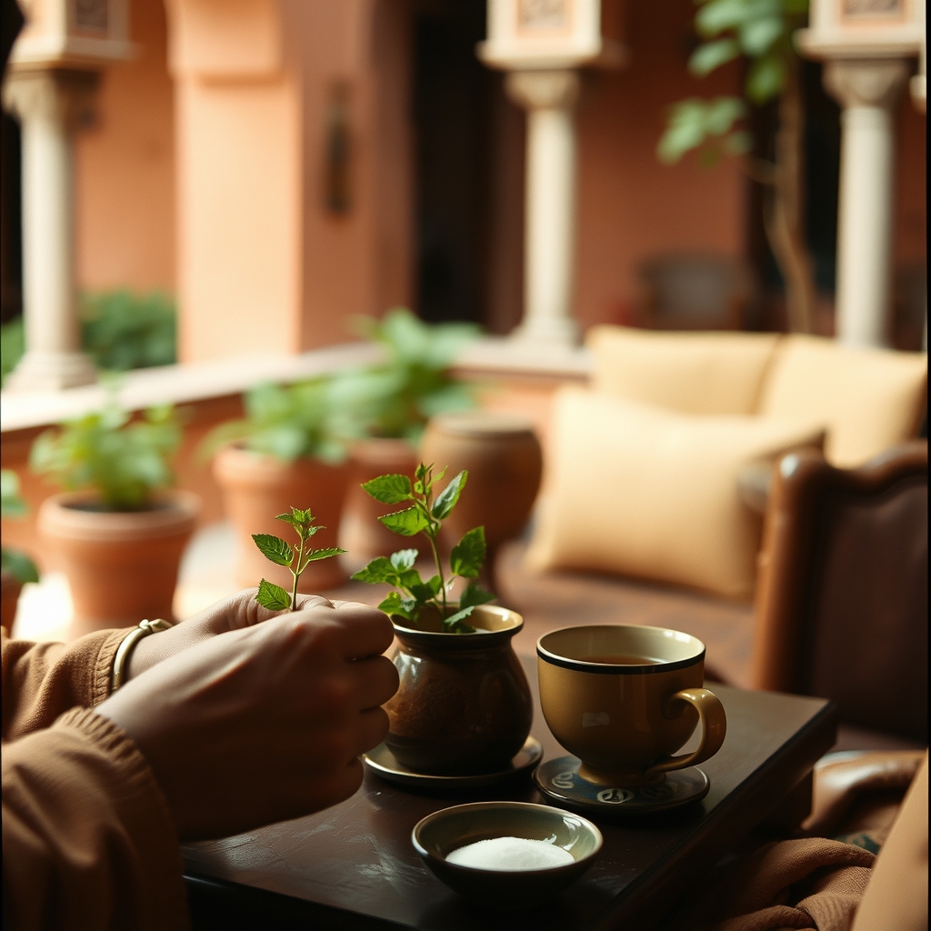 Marrakech riad terrace tea ceremony fresh mint