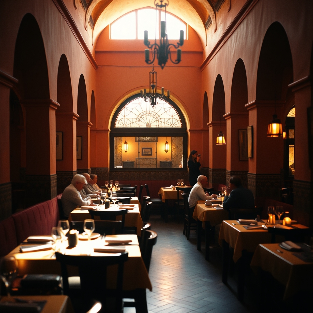 Marrakech restaurant interior warm lighting dining ambiance