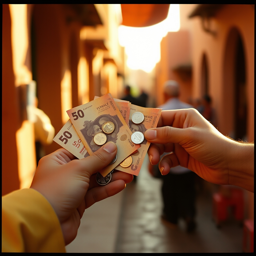 Moroccan dirham notes coins hand exchange tipping