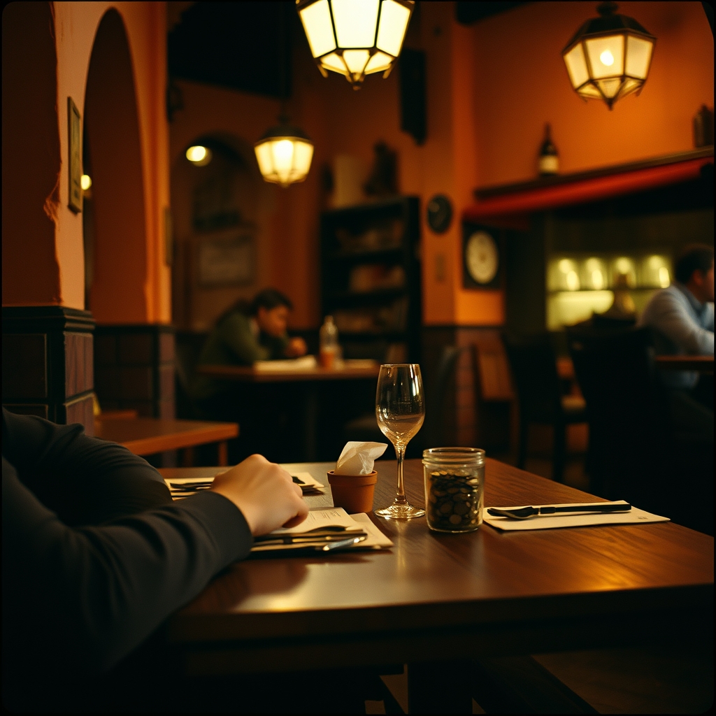 Marrakech restaurant bill tip coins wooden table