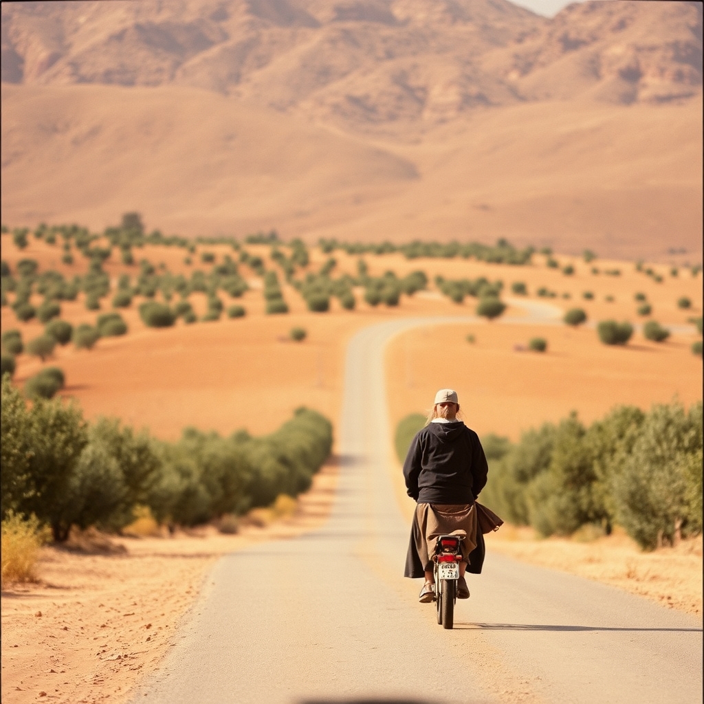 Route de campagne entre Marrakech et Essaouira, champs d'oliviers