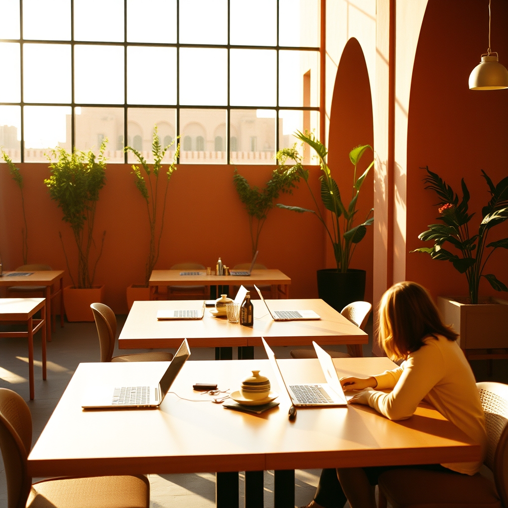 Coworking space Marrakech modern desks laptops natural light