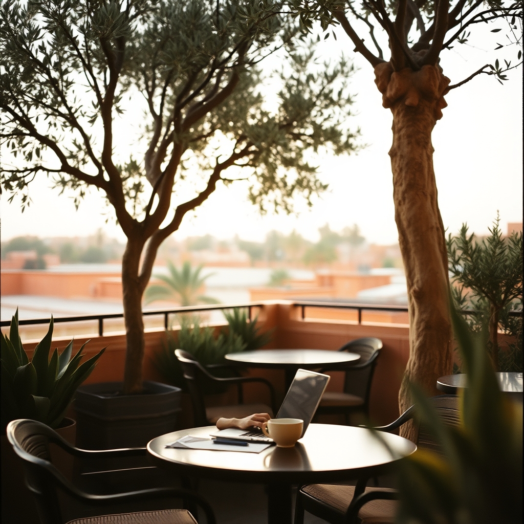 Laptop cafe terrace Marrakech remote work olive trees