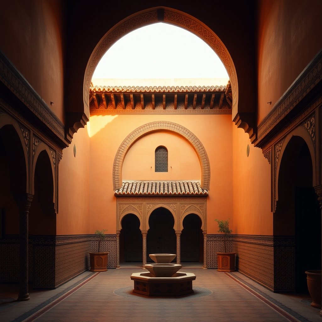 Moroccan architecture horseshoe arch zellige tilework courtyard
