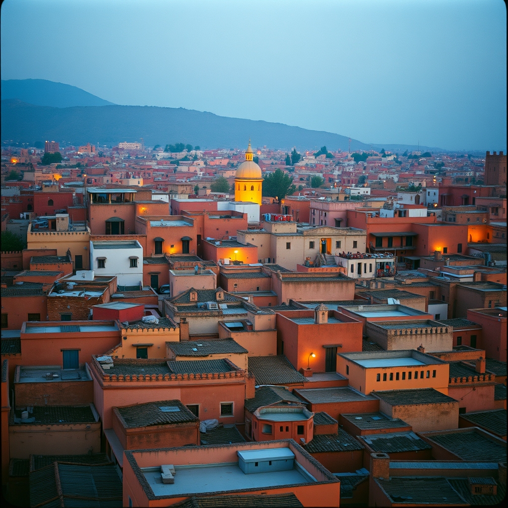 Fez medina aerial ancient rooftops blue hour