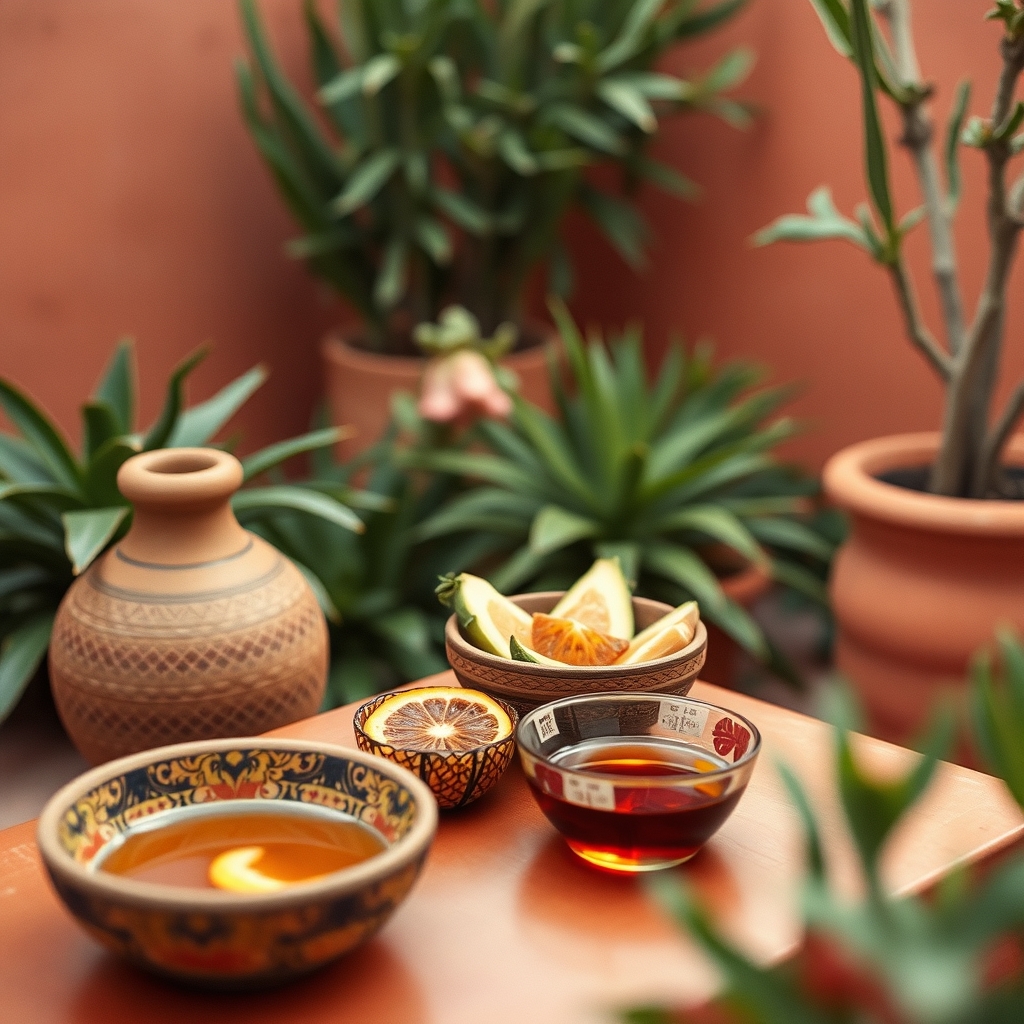 Tisane et bols de fruits frais dans un jardin marocain au petit matin