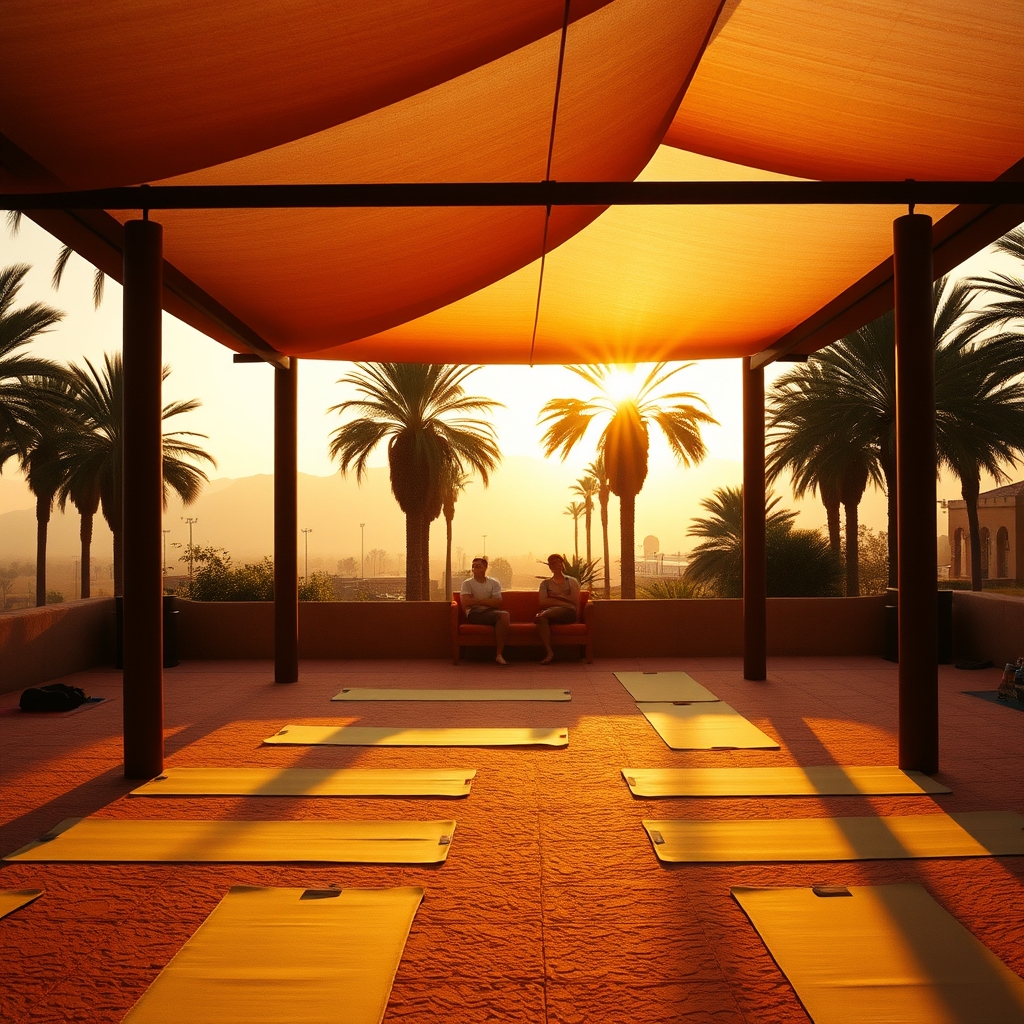 Palmeraie yoga pavilion outdoor mats morning light