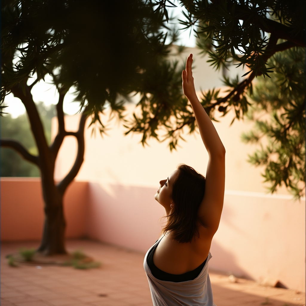 Yoga pose sun salutation Marrakech olive trees