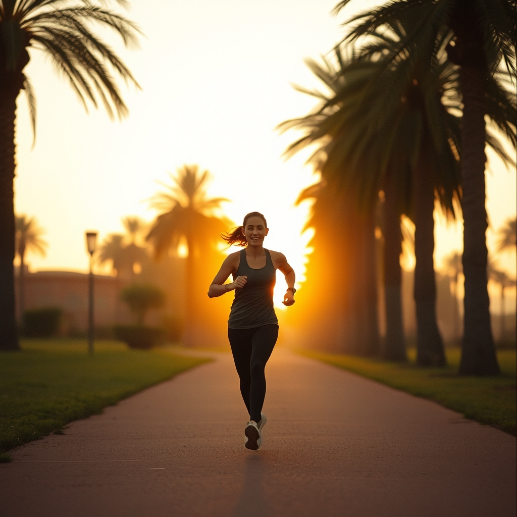 Runner Marrakech sunrise palm trees park fitness