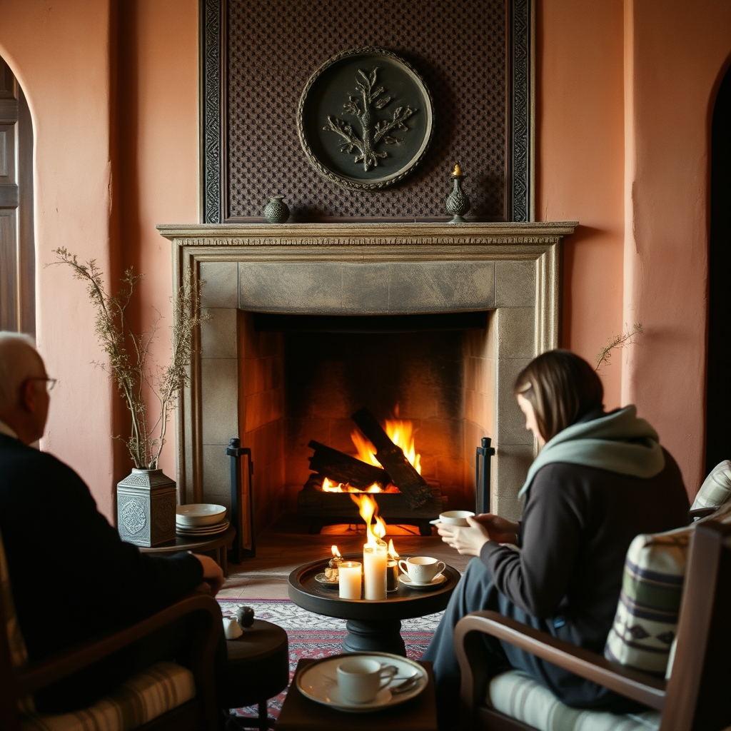 Marrakech cozy riad fireplace warm winter afternoon