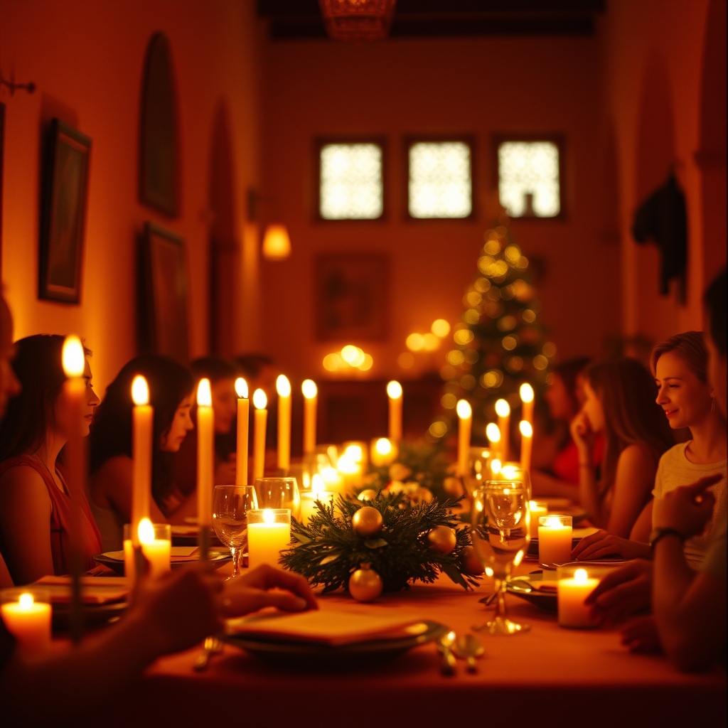 Marrakech holiday dinner candles gold warm atmosphere